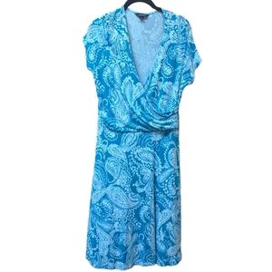 Lands' End Light Blue Paisley Print Surplice Neck Faux Wrap Dress (10-12)